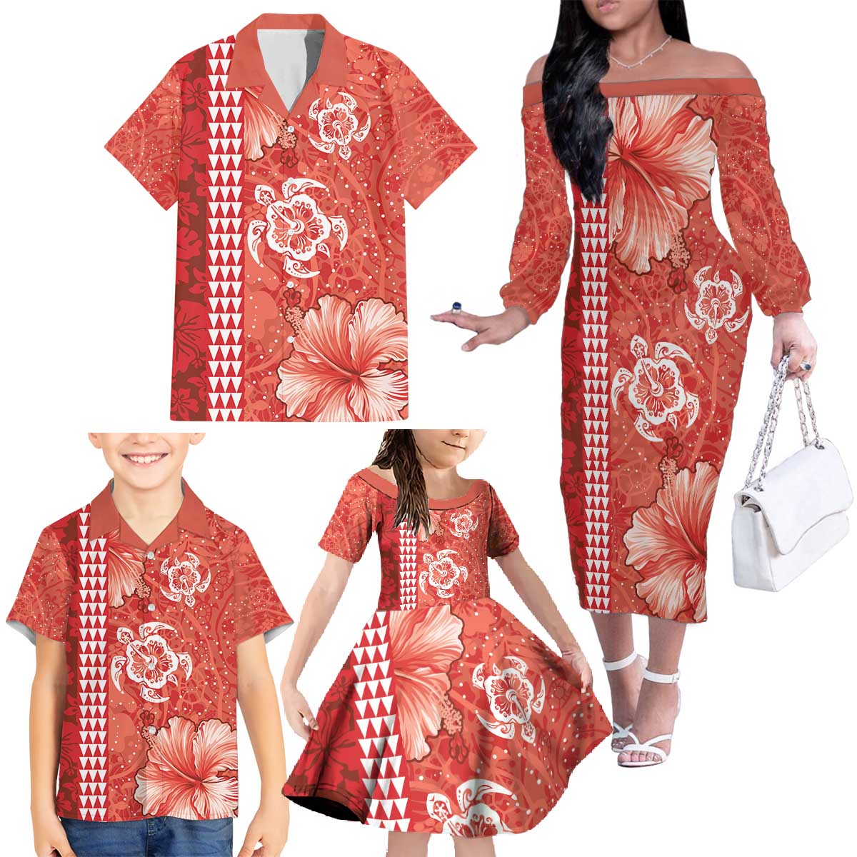 Red Hibiscus Turle Family Matching Off The Shoulder Long Sleeve Dress and Hawaiian Shirt Hawaiian Style Tribal Tapa Pattern LT9 - Polynesian Pride