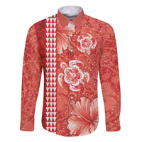 Red Hibiscus Turle Family Matching Off The Shoulder Long Sleeve Dress and Hawaiian Shirt Hawaiian Style Tribal Tapa Pattern LT9 Dad's Shirt - Long Sleeve Red - Polynesian Pride