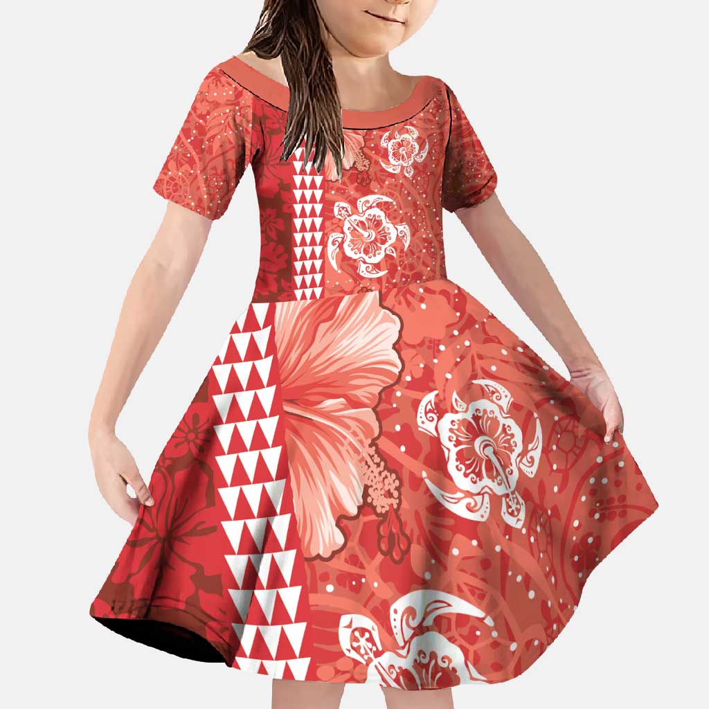 Red Hibiscus Turle Family Matching Off Shoulder Maxi Dress and Hawaiian Shirt Hawaiian Style Tribal Tapa Pattern LT9 Daughter's Dress Red - Polynesian Pride