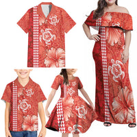 Red Hibiscus Turle Family Matching Off Shoulder Maxi Dress and Hawaiian Shirt Hawaiian Style Tribal Tapa Pattern LT9 - Polynesian Pride