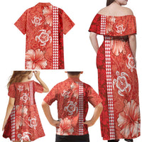 Red Hibiscus Turle Family Matching Off Shoulder Maxi Dress and Hawaiian Shirt Hawaiian Style Tribal Tapa Pattern LT9 - Polynesian Pride
