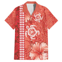 Red Hibiscus Turle Family Matching Off Shoulder Maxi Dress and Hawaiian Shirt Hawaiian Style Tribal Tapa Pattern LT9 Dad's Shirt - Short Sleeve Red - Polynesian Pride