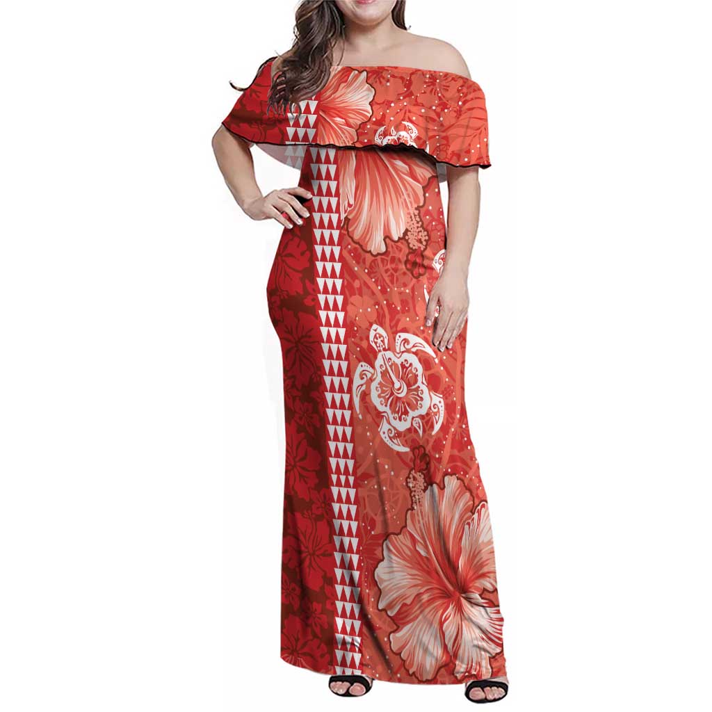 Red Hibiscus Turle Family Matching Off Shoulder Maxi Dress and Hawaiian Shirt Hawaiian Style Tribal Tapa Pattern LT9 Mom's Dress Red - Polynesian Pride