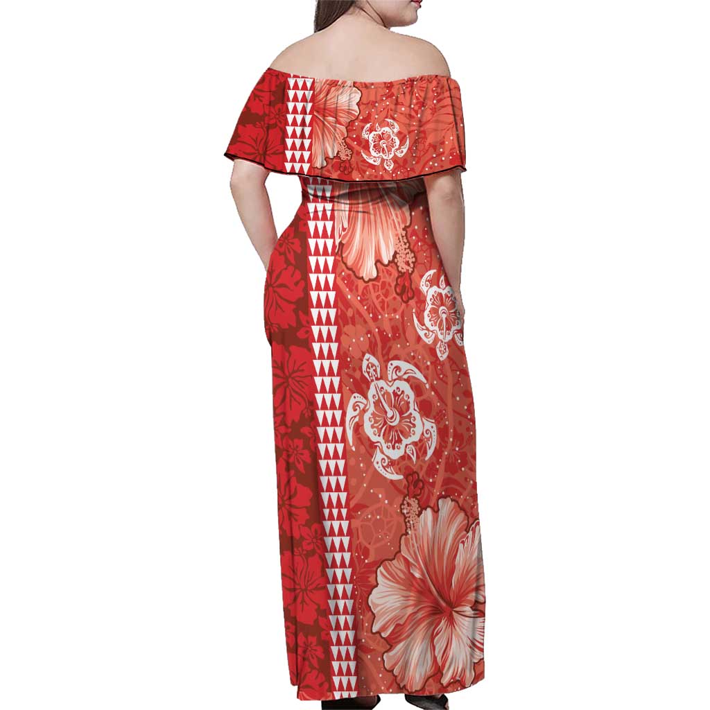 Red Hibiscus Turle Family Matching Off Shoulder Maxi Dress and Hawaiian Shirt Hawaiian Style Tribal Tapa Pattern LT9 - Polynesian Pride