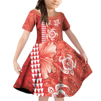 Red Hibiscus Turle Family Matching Off Shoulder Short Dress and Hawaiian Shirt Hawaiian Style Tribal Tapa Pattern LT9 Daughter's Dress Red - Polynesian Pride