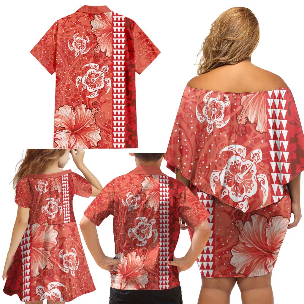 Red Hibiscus Turle Family Matching Off Shoulder Short Dress and Hawaiian Shirt Hawaiian Style Tribal Tapa Pattern LT9 - Polynesian Pride