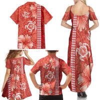 Red Hibiscus Turle Family Matching Summer Maxi Dress and Hawaiian Shirt Hawaiian Style Tribal Tapa Pattern LT9 - Polynesian Pride