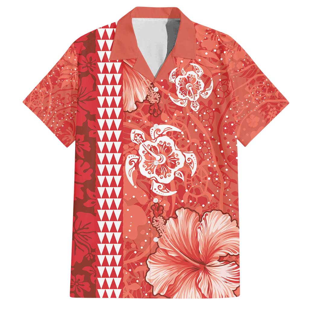 Red Hibiscus Turle Family Matching Summer Maxi Dress and Hawaiian Shirt Hawaiian Style Tribal Tapa Pattern LT9 Dad's Shirt - Short Sleeve Red - Polynesian Pride
