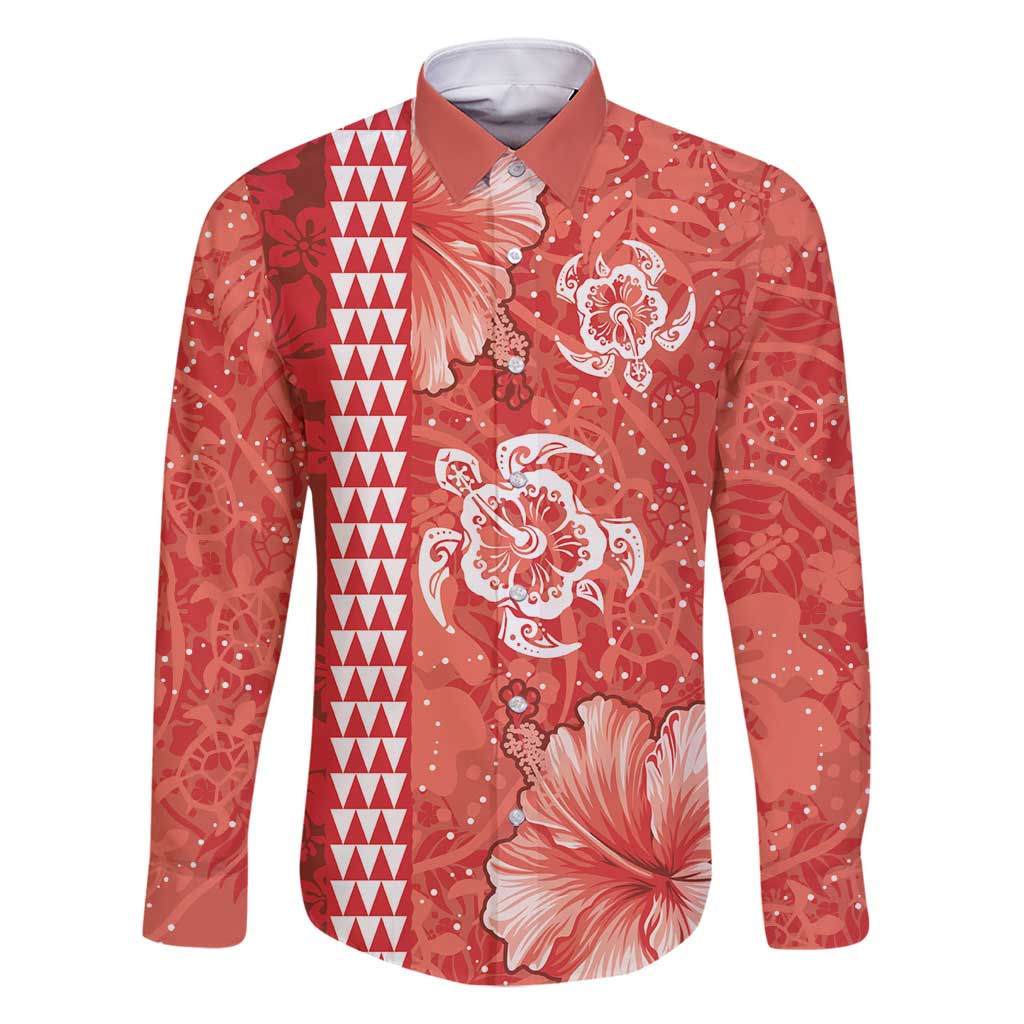 Red Hibiscus Turle Family Matching Summer Maxi Dress and Hawaiian Shirt Hawaiian Style Tribal Tapa Pattern LT9 Dad's Shirt - Long Sleeve Red - Polynesian Pride