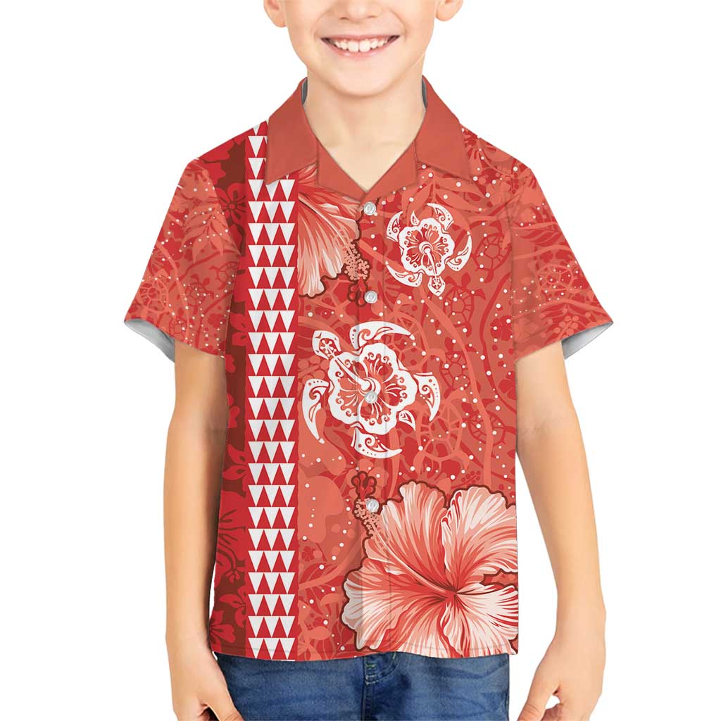 Red Hibiscus Turle Family Matching Summer Maxi Dress and Hawaiian Shirt Hawaiian Style Tribal Tapa Pattern LT9 Son's Shirt Red - Polynesian Pride