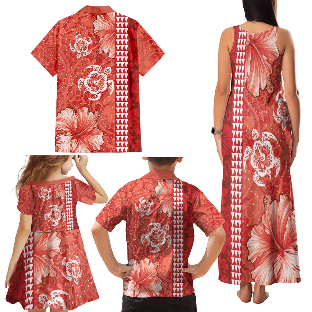 Red Hibiscus Turle Family Matching Tank Maxi Dress and Hawaiian Shirt Hawaiian Style Tribal Tapa Pattern LT9 - Polynesian Pride