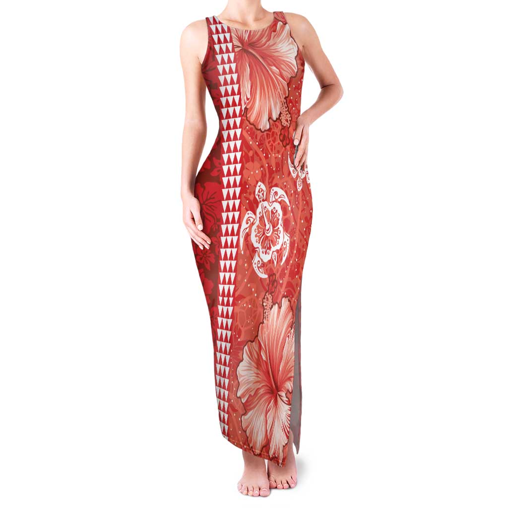 Red Hibiscus Turle Family Matching Tank Maxi Dress and Hawaiian Shirt Hawaiian Style Tribal Tapa Pattern LT9 Mom's Dress Red - Polynesian Pride