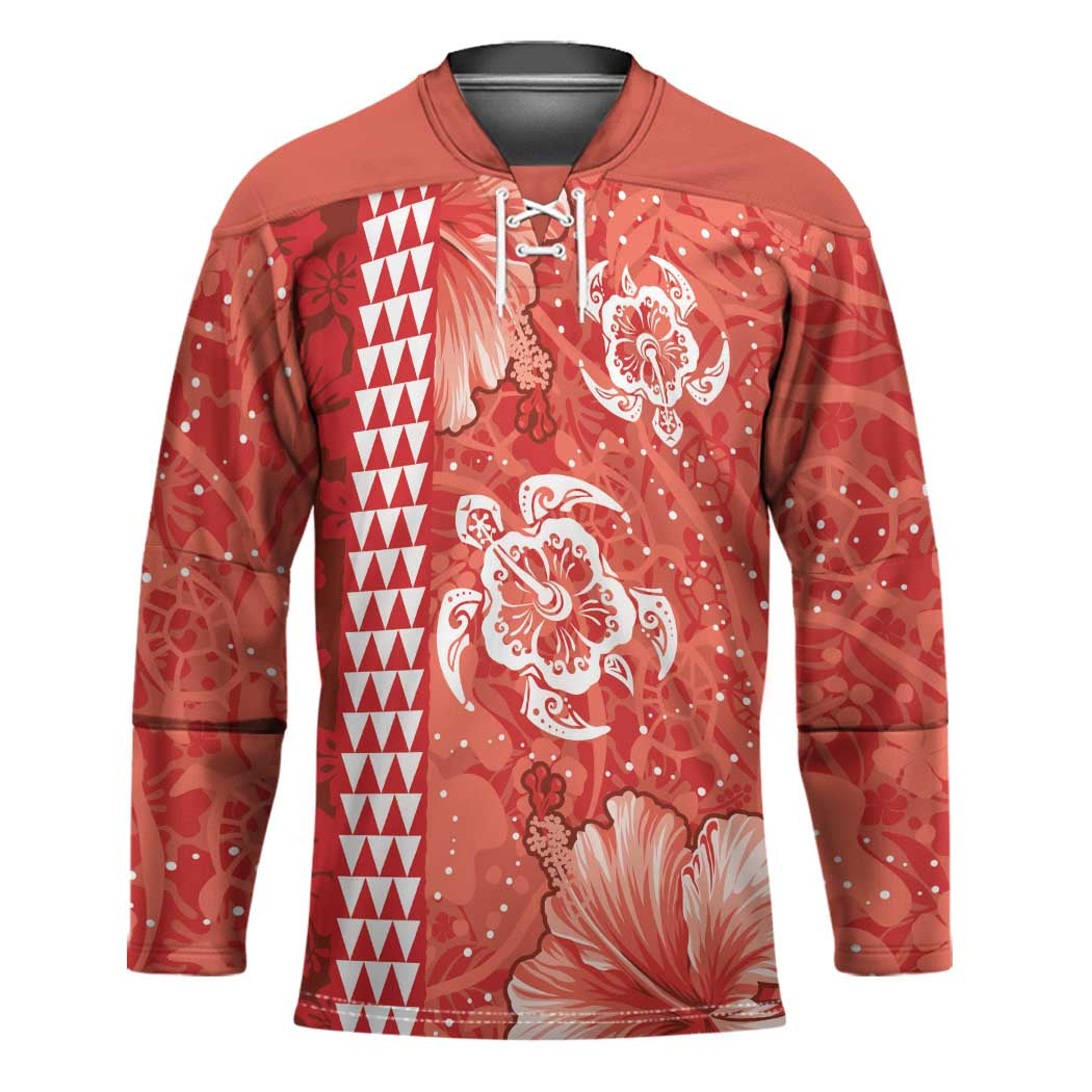 Red Hibiscus Turle Hockey Jersey Hawaiian Style Tribal Tapa Pattern - Polynesian Pride