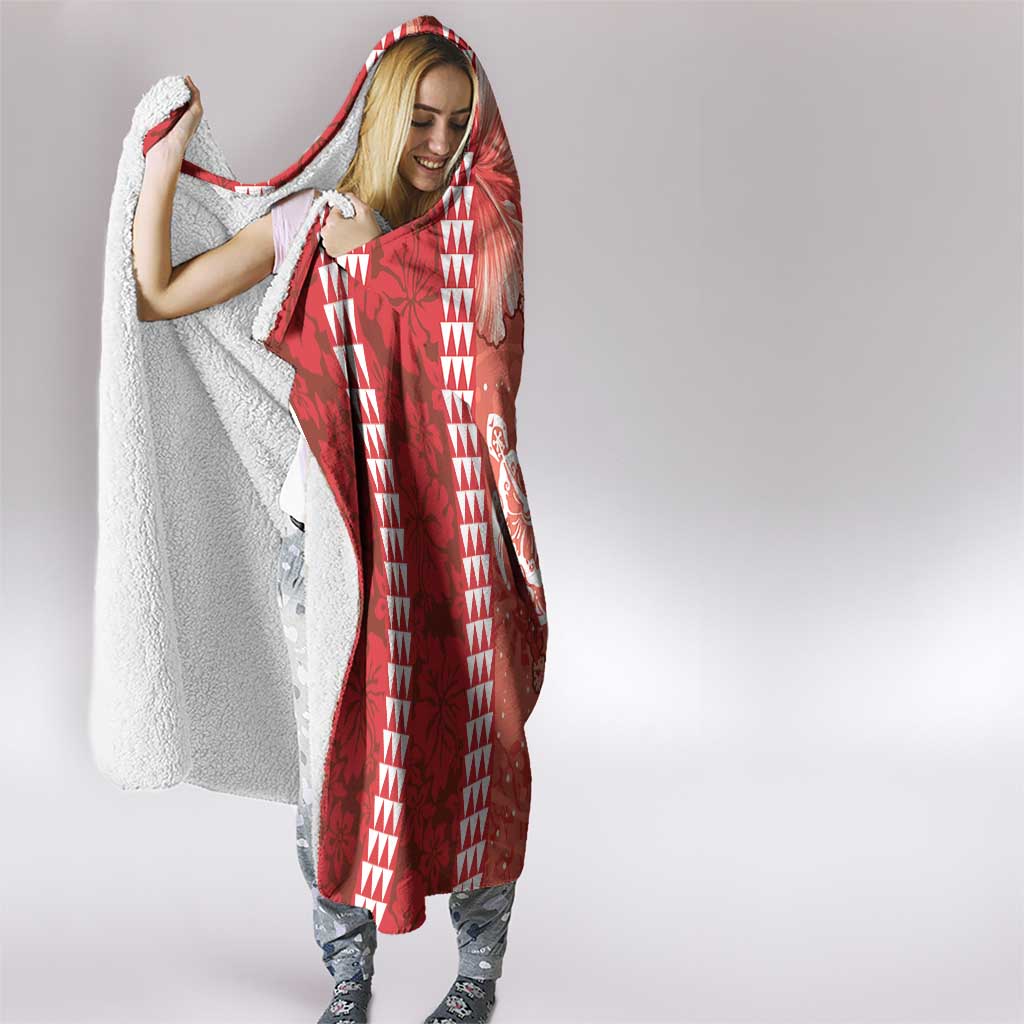 Red Hibiscus Turle Hooded Blanket Hawaiian Style Tribal Tapa Pattern