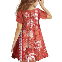 Red Hibiscus Turle Kid Short Sleeve Dress Hawaiian Style Tribal Tapa Pattern