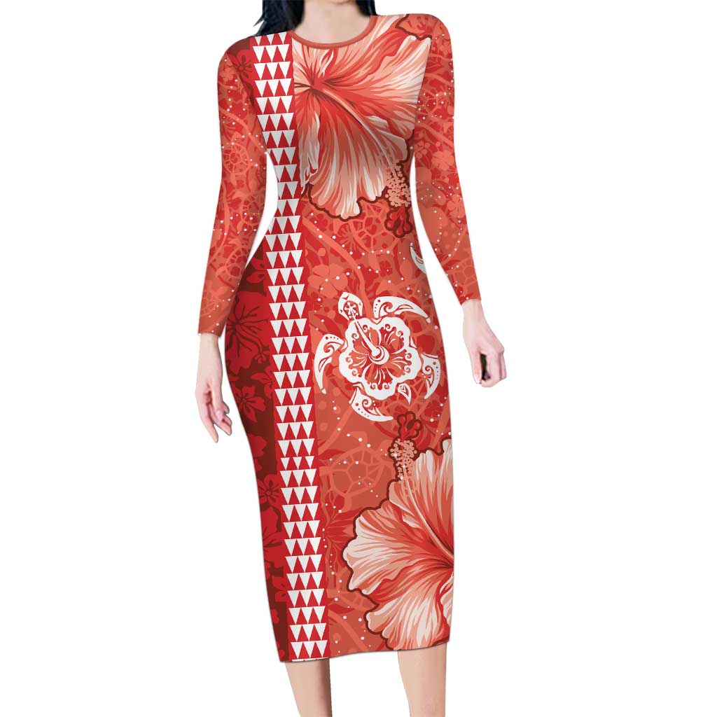 Red Hibiscus Turle Long Sleeve Bodycon Dress Hawaiian Style Tribal Tapa Pattern