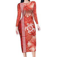 Red Hibiscus Turle Long Sleeve Bodycon Dress Hawaiian Style Tribal Tapa Pattern LT9 Long Dress Red - Polynesian Pride