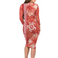 Red Hibiscus Turle Long Sleeve Bodycon Dress Hawaiian Style Tribal Tapa Pattern LT9 - Polynesian Pride