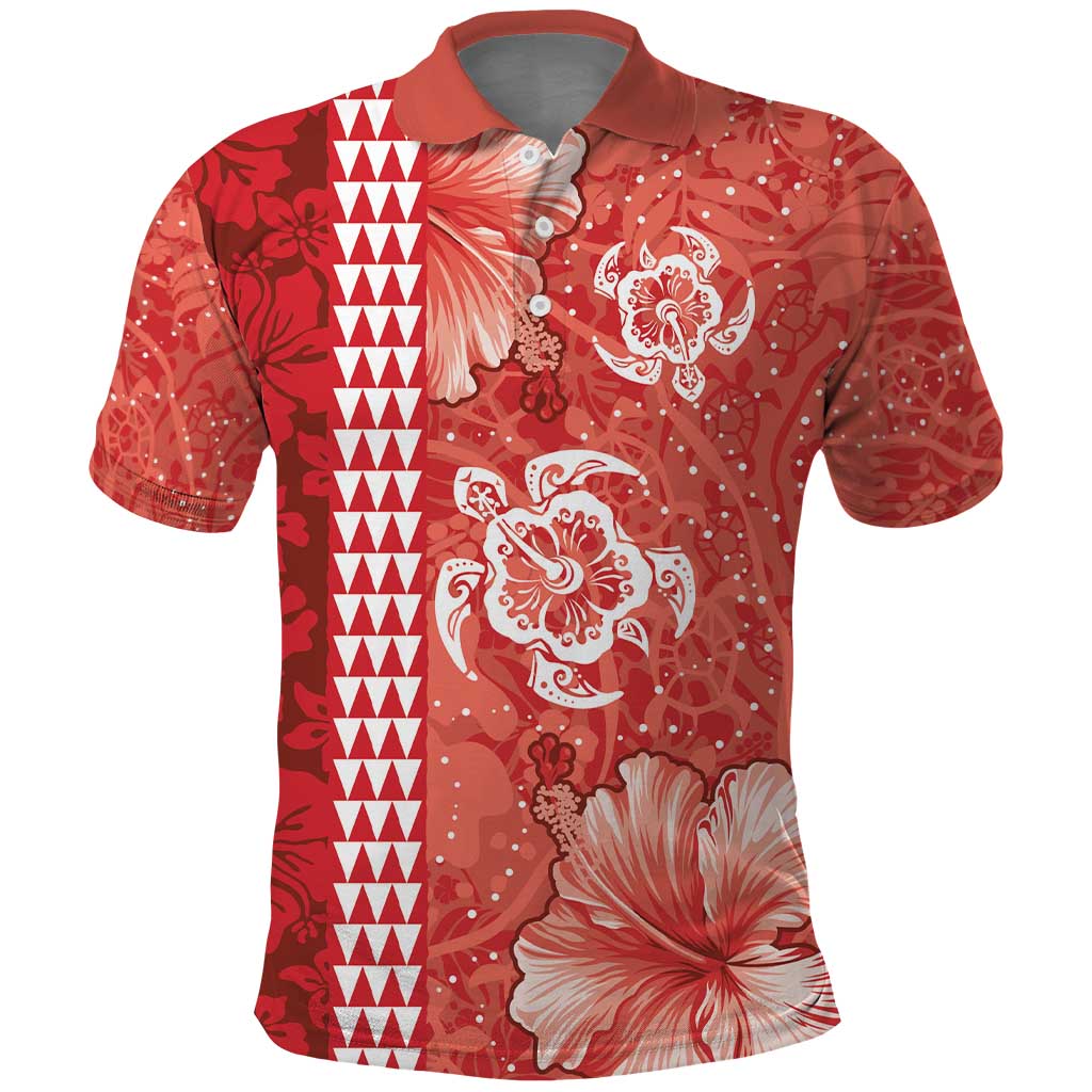 Red Hibiscus Turle Polo Shirt Hawaiian Style Tribal Tapa Pattern