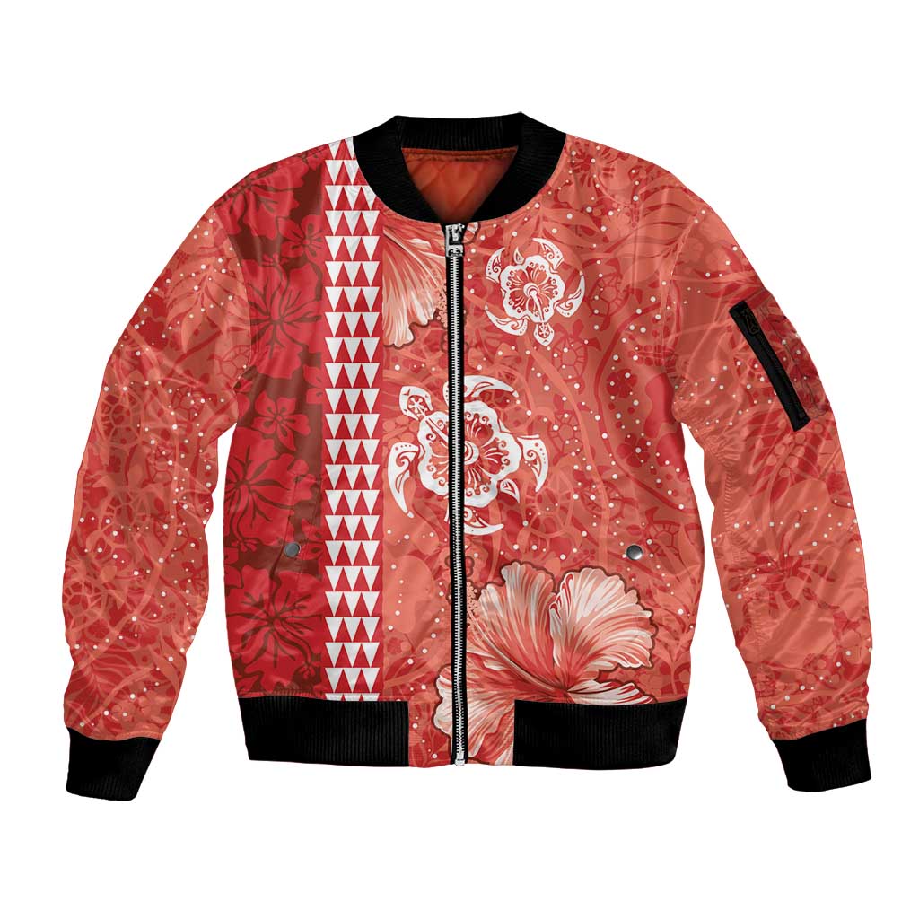 Red Hibiscus Turle Sleeve Zip Bomber Jacket Hawaiian Style Tribal Tapa Pattern LT9 Unisex Red - Polynesian Pride