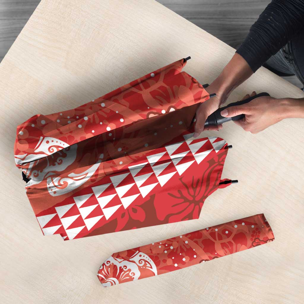 Red Hibiscus Turle Umbrella Hawaiian Style Tribal Tapa Pattern - Polynesian Pride