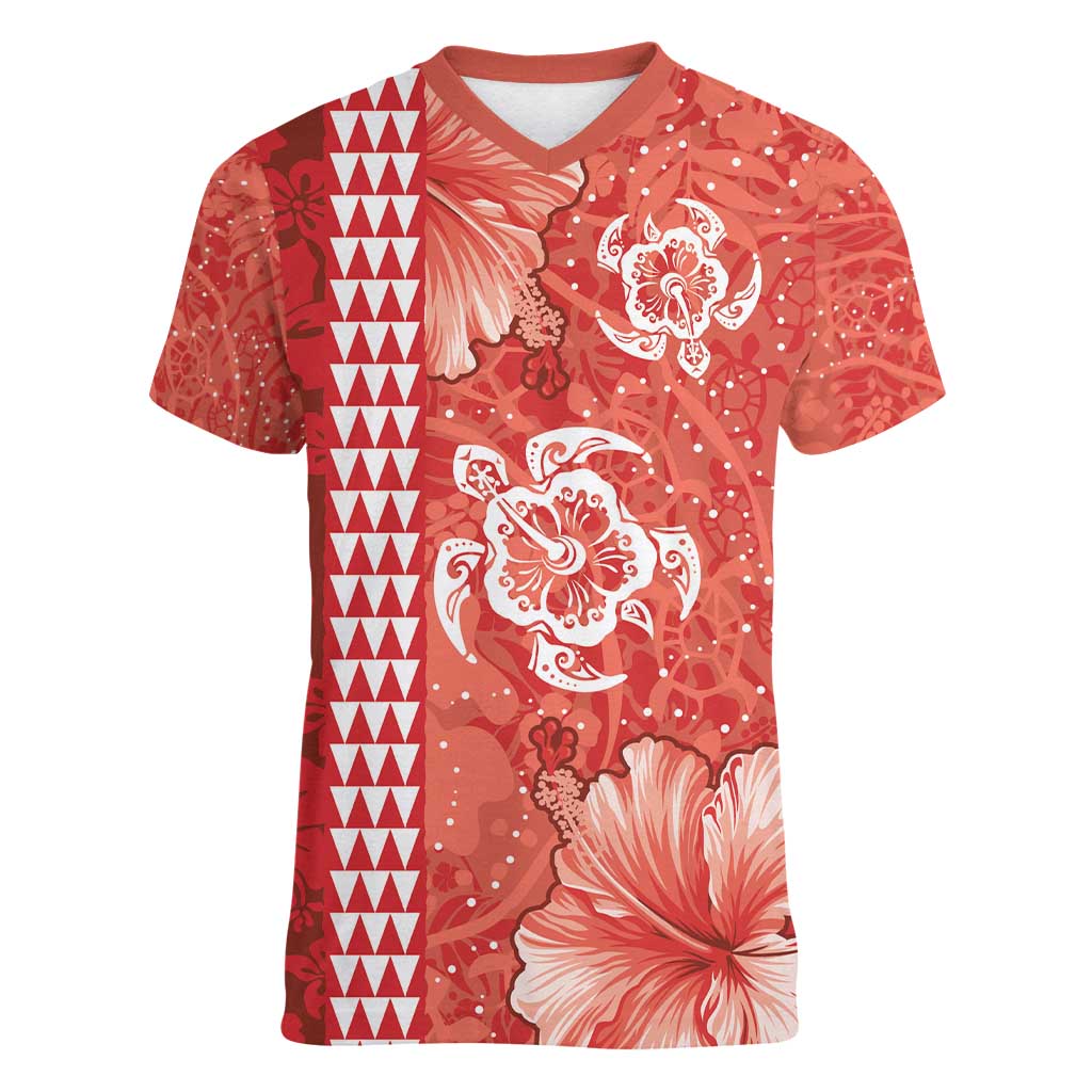 Red Hibiscus Turle Women V-Neck T-Shirt Hawaiian Style Tribal Tapa Pattern