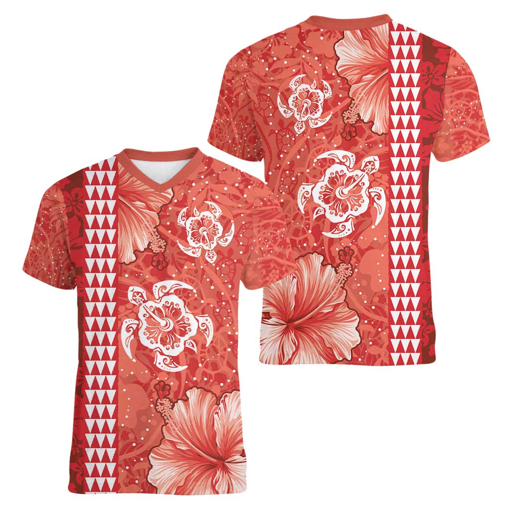 Red Hibiscus Turle Women V-Neck T-Shirt Hawaiian Style Tribal Tapa Pattern