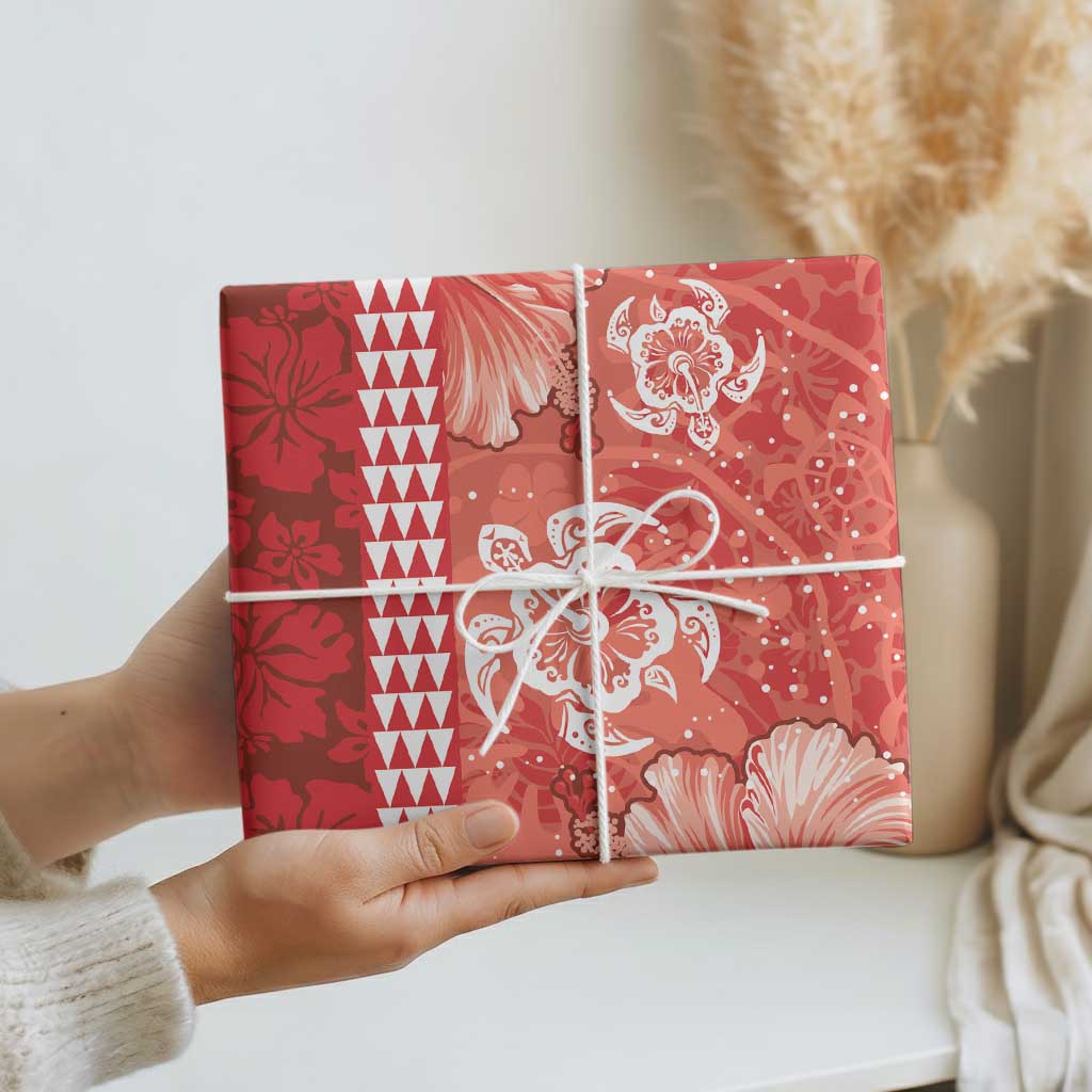 Red Hibiscus Turle Wrapping Paper Hawaiian Style Tribal Tapa Pattern - Polynesian Pride
