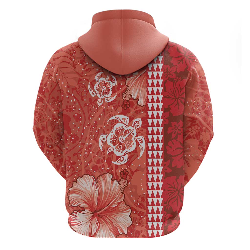 Red Hibiscus Turle Zip Hoodie Hawaiian Style Tribal Tapa Pattern