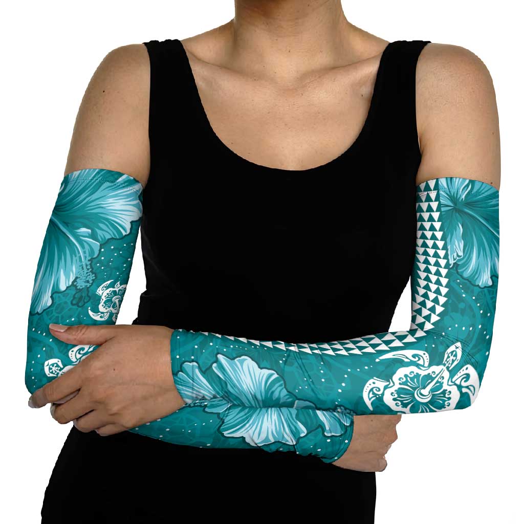 Teal Hibiscus Turle Arm Sleeves Hawaiian Style Tribal Tapa Pattern LT9 - Polynesian Pride