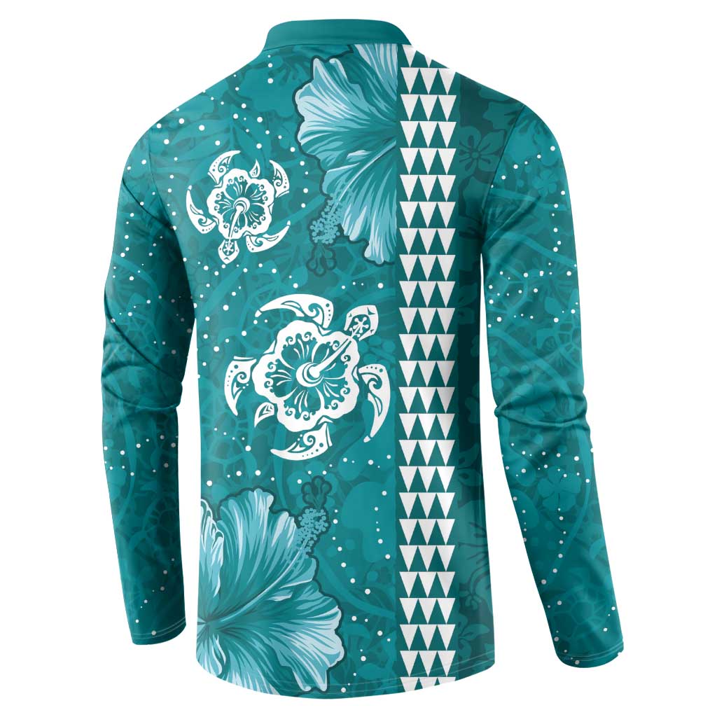 Teal Hibiscus Turle Button Sweatshirt Hawaiian Style Tribal Tapa Pattern LT9 - Polynesian Pride