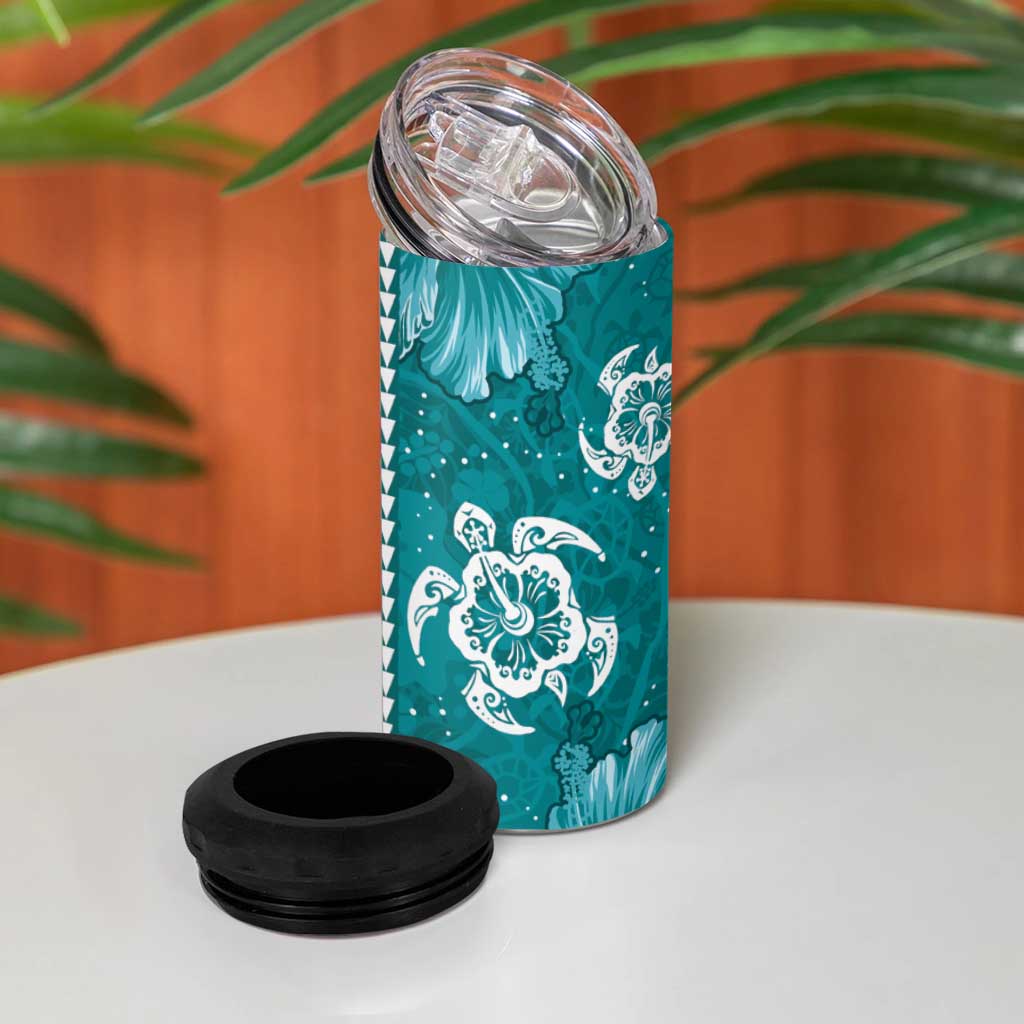 Teal Hibiscus Turle 4 in 1 Can Cooler Tumbler Hawaiian Style Tribal Tapa Pattern