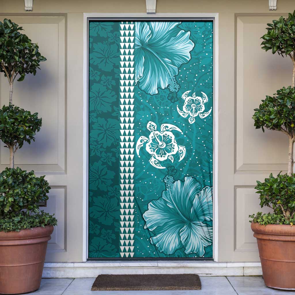 Teal Hibiscus Turle Door Cover Hawaiian Style Tribal Tapa Pattern LT9 Teal - Polynesian Pride