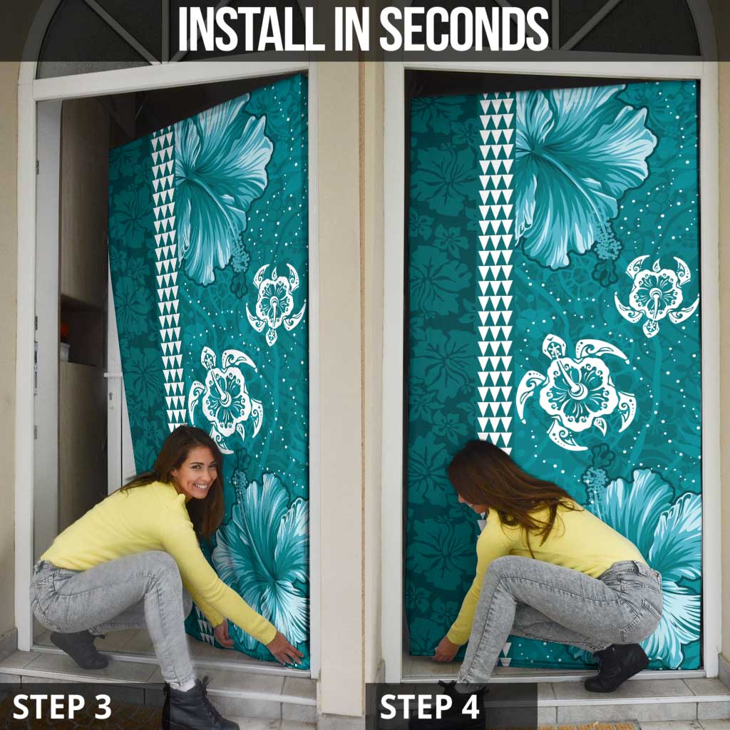 Teal Hibiscus Turle Door Cover Hawaiian Style Tribal Tapa Pattern LT9 - Polynesian Pride