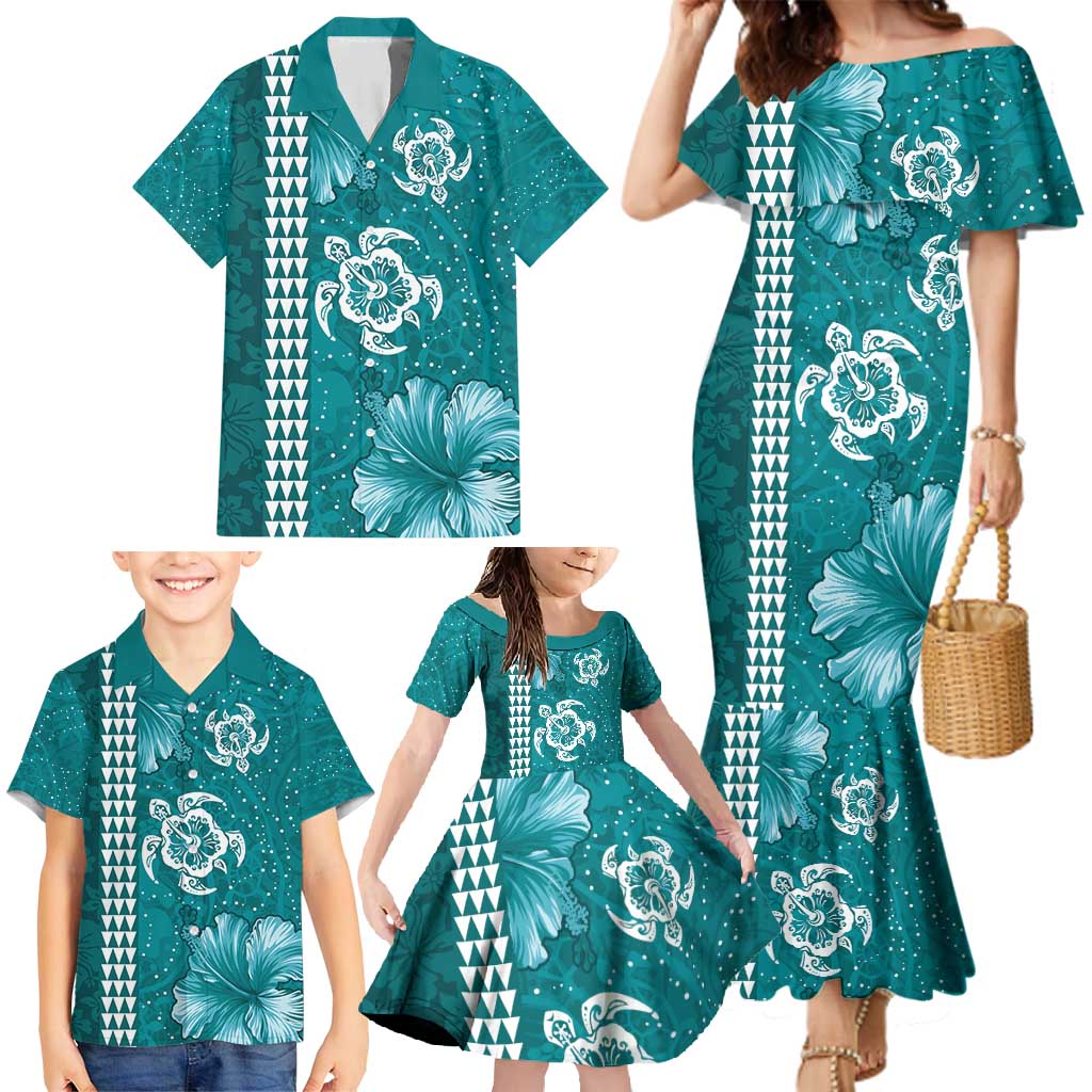 Teal Hibiscus Turle Family Matching Mermaid Dress and Hawaiian Shirt Hawaiian Style Tribal Tapa Pattern LT9 - Polynesian Pride