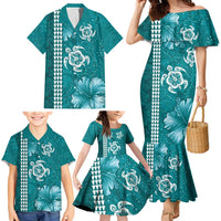Teal Hibiscus Turle Family Matching Mermaid Dress and Hawaiian Shirt Hawaiian Style Tribal Tapa Pattern LT9 - Polynesian Pride