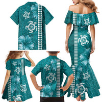 Teal Hibiscus Turle Family Matching Mermaid Dress and Hawaiian Shirt Hawaiian Style Tribal Tapa Pattern LT9 - Polynesian Pride