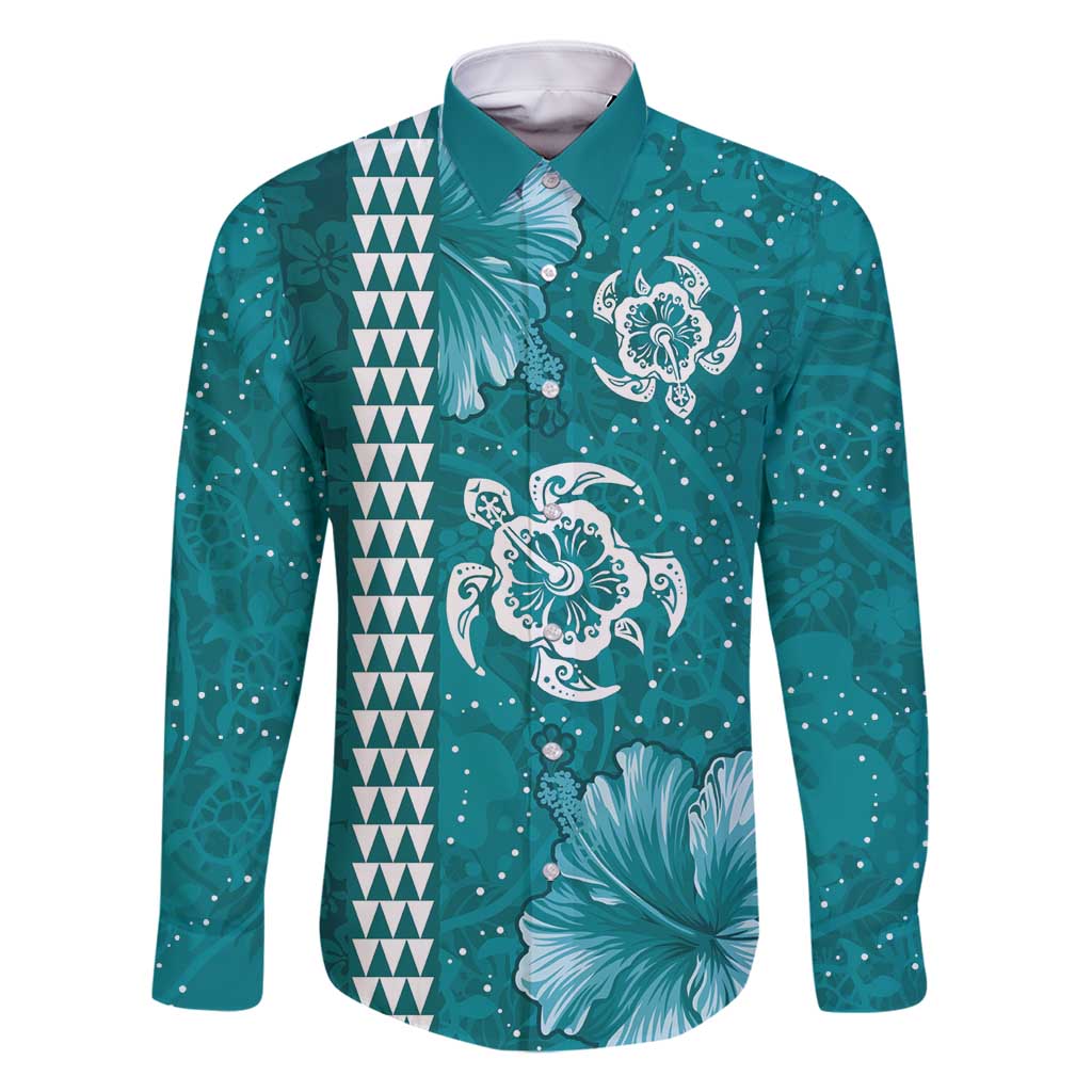 Teal Hibiscus Turle Family Matching Mermaid Dress and Hawaiian Shirt Hawaiian Style Tribal Tapa Pattern LT9 Dad's Shirt - Long Sleeve Teal - Polynesian Pride