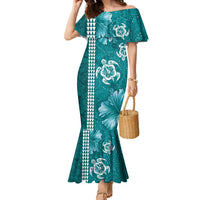 Teal Hibiscus Turle Family Matching Mermaid Dress and Hawaiian Shirt Hawaiian Style Tribal Tapa Pattern LT9 Mom's Dress Teal - Polynesian Pride