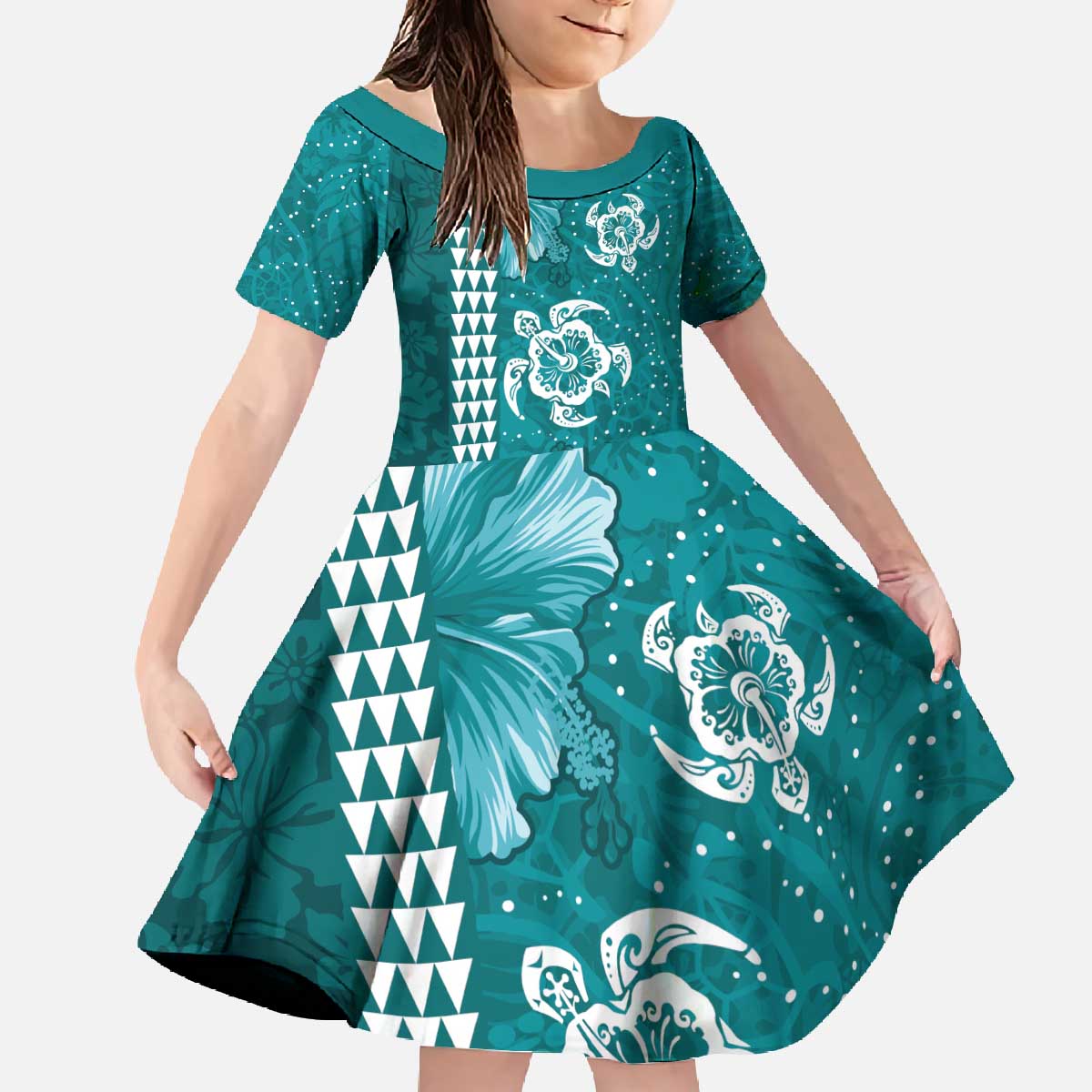 Teal Hibiscus Turle Family Matching Off The Shoulder Long Sleeve Dress and Hawaiian Shirt Hawaiian Style Tribal Tapa Pattern LT9 Daughter's Dress Teal - Polynesian Pride