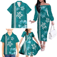 Teal Hibiscus Turle Family Matching Off The Shoulder Long Sleeve Dress and Hawaiian Shirt Hawaiian Style Tribal Tapa Pattern LT9 - Polynesian Pride