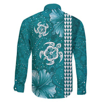 Teal Hibiscus Turle Family Matching Off The Shoulder Long Sleeve Dress and Hawaiian Shirt Hawaiian Style Tribal Tapa Pattern LT9 - Polynesian Pride