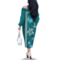 Teal Hibiscus Turle Family Matching Off The Shoulder Long Sleeve Dress and Hawaiian Shirt Hawaiian Style Tribal Tapa Pattern LT9 - Polynesian Pride