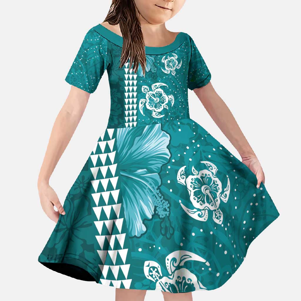 Teal Hibiscus Turle Family Matching Off Shoulder Maxi Dress and Hawaiian Shirt Hawaiian Style Tribal Tapa Pattern LT9 Daughter's Dress Teal - Polynesian Pride