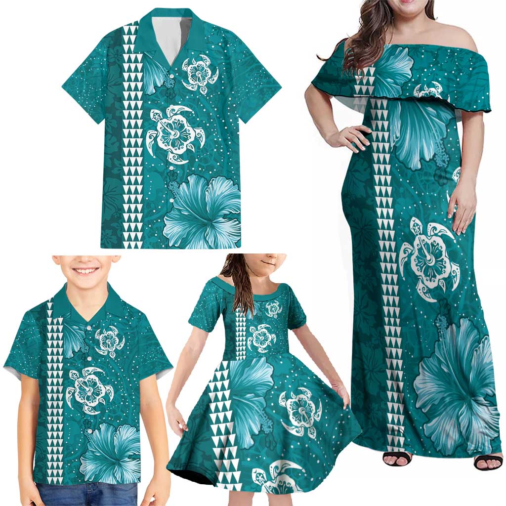 Teal Hibiscus Turle Family Matching Off Shoulder Maxi Dress and Hawaiian Shirt Hawaiian Style Tribal Tapa Pattern LT9 - Polynesian Pride