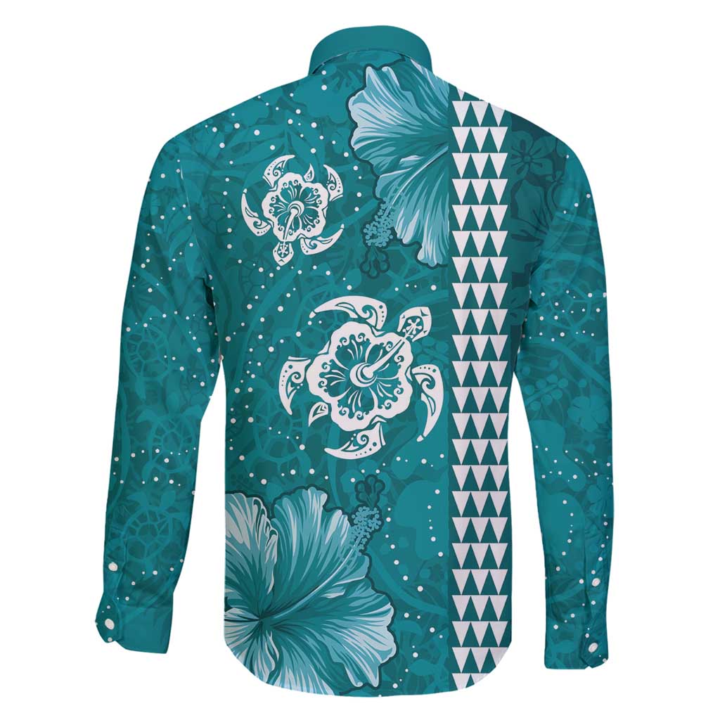 Teal Hibiscus Turle Family Matching Off Shoulder Maxi Dress and Hawaiian Shirt Hawaiian Style Tribal Tapa Pattern LT9 - Polynesian Pride