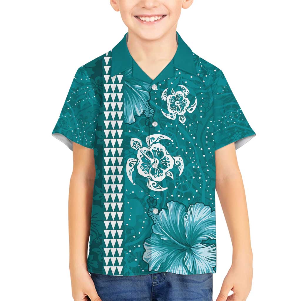 Teal Hibiscus Turle Family Matching Off Shoulder Maxi Dress and Hawaiian Shirt Hawaiian Style Tribal Tapa Pattern LT9 Son's Shirt Teal - Polynesian Pride