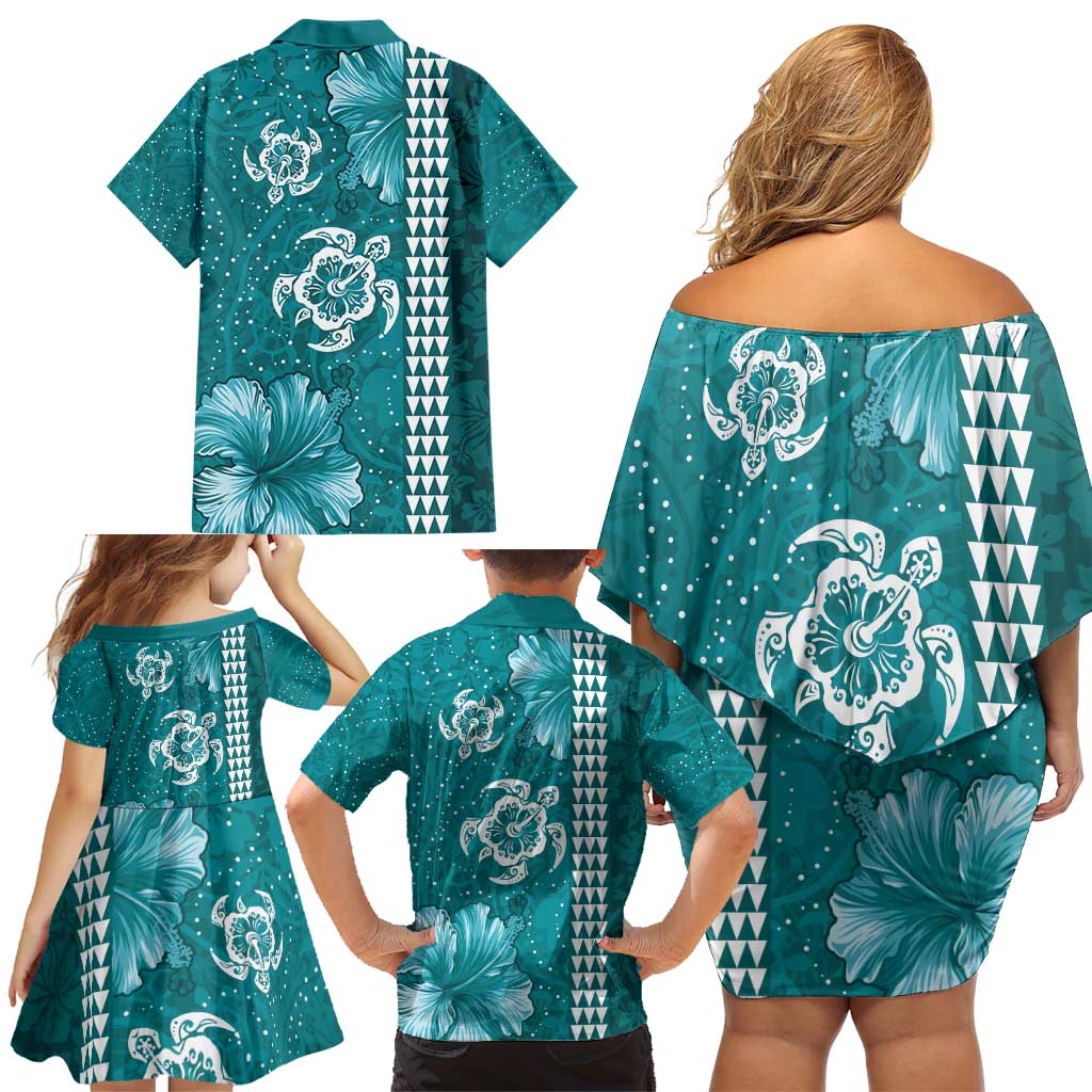 Teal Hibiscus Turle Family Matching Off Shoulder Short Dress and Hawaiian Shirt Hawaiian Style Tribal Tapa Pattern LT9 - Polynesian Pride