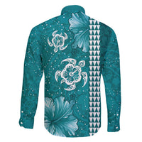 Teal Hibiscus Turle Family Matching Off Shoulder Short Dress and Hawaiian Shirt Hawaiian Style Tribal Tapa Pattern LT9 - Polynesian Pride