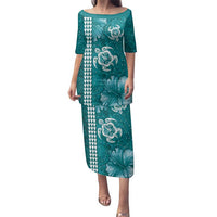 Teal Hibiscus Turle Family Matching Puletasi and Hawaiian Shirt Hawaiian Style Tribal Tapa Pattern